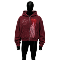 Sweat à capuche zippé graphique Maroon Love, style vintage délavé, streetwear, imprimé cœur surdimensionné, unisexe, mode urbaine décontractée, soldes