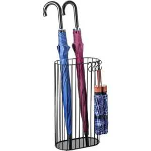 Modern Black Oval Metal Wire Umbrella Stand Entryway Storage Rack Holder with Side <b>Hooks</b> for Small Folding Umbrellas Wholesale - Product Image 1
