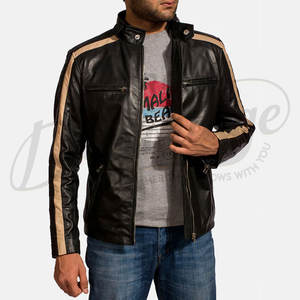 Veste en cuir véritable noire pour homme avec bandes de course beiges, veste de motard élégante, coupe ajustée, manteau d'hiver sportif en cuir véritable - Product Image 4