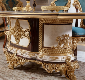 ชุดโต๊ะรับประทานอาหารรูปวงรีไม้สักทองคำหรูหราสไตล์ยุโรปคลาสสิกแกะสลักโบราณเป็นมิตรกับสิ่งแวดล้อม เฟอร์นิเจอร์รับประทานอาหารสำหรับโรงแรม - Product Image 4