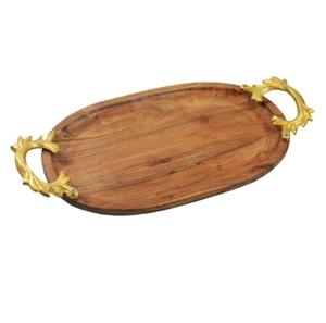 ถาดเสิร์ฟไม้ตกแต่งงานฝีมือสไตล์โดดเด่น สำหรับใช้ในบ้าน โรงแรม ถาดเสิร์ฟดีไซน์เนอร์พร้อมหูจับสีทอง - Product Image 1