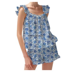 Women's Breathable Printed Shorts Pajama Set Floral Knitted Cotton Fabric For Women Fitted Strappy Ruffle <b>Trim</b> Sleeves PJ Set - Product Image 3