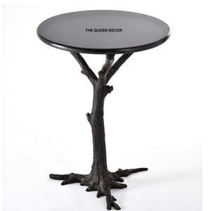Table d'appoint décorative vintage en métal moulé en forme d'arbre, finition noire avec plateau en marbre rond - Product Image 1