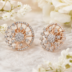 ต่างหูเพชรทรงกลมสีโรสโกลด์ 14K สุดหรู พร้อมดีไซน์ลายดอกไม้ฉลุลาย สำหรับผู้หญิง ใช้ในงานแต่งงานและงานปาร์ตี้ - Product Image 1