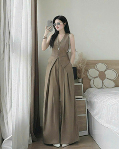 <b>Womens</b> Brown Solid Vest Straight-Leg Full-Length Pants <b>Set</b> V-Neck Collar Breathable Cotton/<b>Linen</b> Blend Regular Fit Office Casual - Product Image 1