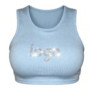 Custom Wholesale Women Ribbed <b>Rhinestone</b> Crop <b>Top</b> Crew Neck Sleeveless Tank <b>Top</b> Summer Casual Slim Fit Sexy Streetwear <b>Tops</b> Fits - Product Image 1