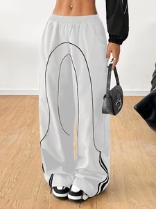 Women's <b>Summer</b> Fashion Streetwear Wide-Leg <b>Pants</b> Mid Elastic Waist Side Tie Design Hip-Hop Joggers 100% Cotton Loose Fit - Product Image 4