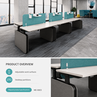 Poste de travail de bureau moderne en bois pour quatre personnes, réglable en hauteur, installation autonome, plateaux blancs, écrans d'intimité Aqua