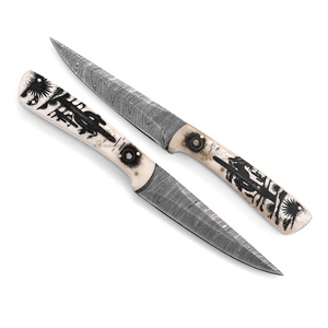 Cuchillo de Caza Personalizado de Acero de Damasco con Hoja Fija y Borde Recto - Mango de Hueso de Camello con Grabado Láser - Sonoran Ridge - Product Image 4