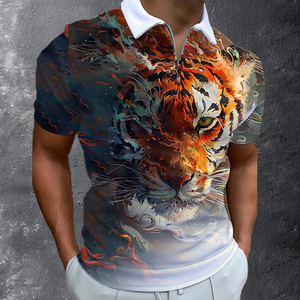 Polo con Gráfico Artístico de Tigre para Hombre, Impresión por Sublimación 3D, Cierre de Cremallera 1/4, Manga Corta, Estilo Urbano, Hipster, Transpirable, para Verano - Product Image 1