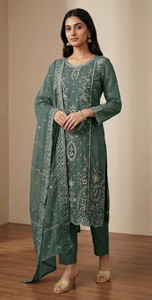 Traje de organza semicompuesto de Dhwaja Export con bordado de hilo y lentejuelas, estilo moderno para bodas y fiestas. - Product Image 2