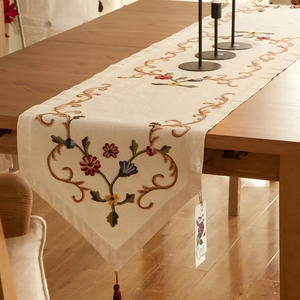 Chemin de table bohème floral tissé et brodé personnalisable en coton et lin, 13x72 pouces, fait main avec perles en bois et pompons, style rustique vintage - Product Image 3