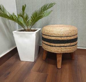 Pouf ottoman en bois et coton jute tressé, design moderne, fait main, ensemble de 2 pièces, multifonctionnel, couleur changeante, mobile - Product Image 2