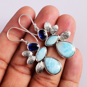 Pendientes colgantes con forma de flor con zafiro y larimar en plata de ley 925 maciza con engaste de bisel para mujer, estilo bohemio. - Product Image 5