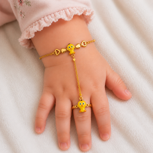 Ensemble bracelet et bague en or 18 carats avec breloque poussin de dessin animé, maillons cœur en émail poli, bijoux de mode pour filles et enfants, pour le quotidien, cadeau - Product Image 1