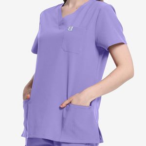 Ensemble de blouses médicales pour femmes, couleur violette, haut à col en V avec poches et pantalon, coton et polyester tissé, uniforme d'hôpital pour infirmières - Product Image 4