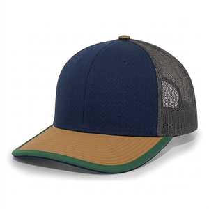 Unisex Multi-Panel Trucker <b>Hat</b> <b>Navy</b> Blue Mesh Back Tan Brim Green Trim Casual Adjustable Fit Embroidery Chains Four Seasons Wear - Product Image 1