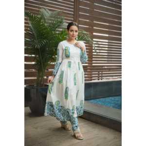 Conjunto de Kurta para Mujer, Transpirable, de Algodón/Fibra de Bambú, Estampado a Mano, Talla XS, Color Blanco - Product Image 2