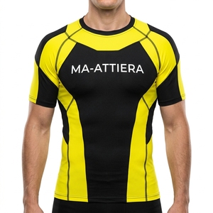 Mens Black Yellow Compression Shirt Short <b>Sleeve</b> Athletic Gym Running <b>Training</b> Sportswear Performance Workout <b>Top</b> - Product Image 1