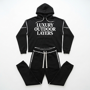 Ensemble sweat à capuche et pantalon de survêtement noir à bords bruts unisexe avec broderie de lettres, survêtement en molleton épais pour l'hiver - Product Image 1