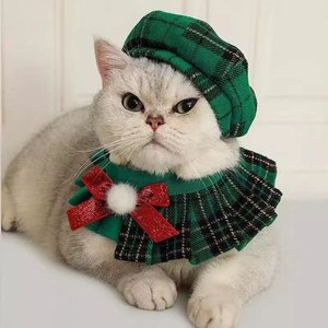 Ensemble chapeau et bavoir à carreaux <span class=keywords><strong>de</strong></span> Noël pour animaux <span class=keywords><strong>de</strong></span> compagnie, accessoire <span class=keywords><strong>de</strong></span> costume pour chien et chat <span class=keywords><strong>de</strong></span> style britannique pour séances photo <span class=keywords><strong>de</strong></span> vacances - Product Image 2