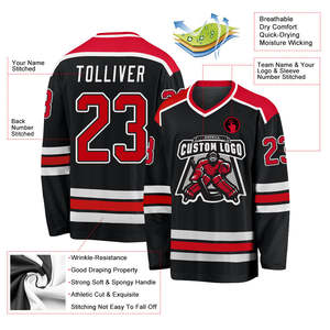 Customized Men's Ice Hockey Uniform - Black <b>Red</b> White Stripe Hockey Jersey With Stitched Embroidered Custom Team Logo - Product Image 4