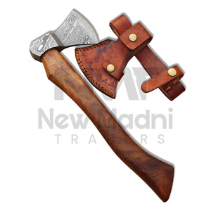 Hacha de Acero de Damasco Forjada a Mano con Mango de Madera y Funda de Cuero para Supervivencia, Hacha con Hoja de Damasco en Venta - Product Image 1