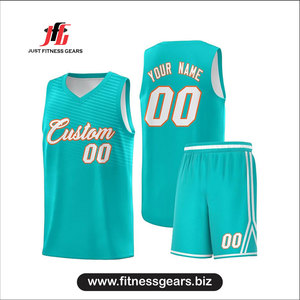 Conjunto de Uniforme de Baloncesto Personalizado Just Fitness Gears, Ecológico, Talla Grande, Color Verde Azulado, Cuello en V, Sin Mangas, Malla Transpirable para Adultos - Product Image 1