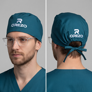 Casquette chirurgicale unisexe OREZO en coton bleu tissé, écologique et confortable, avec lien à nouer pour usage hospitalier - Product Image 4