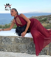 Robe de plage maxi à col halterneck et décolleté plongeant en pois rouges pour femmes, vêtements de plage d'été