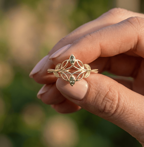 Artisan Nature Inspired Engagement <b>Ring</b> Kite Shape Moss Gem GIA Diamond Detail <b>Fine</b> Gold Jewelry Trend - Product Image 2