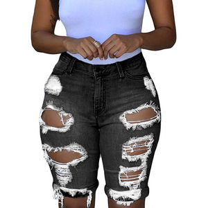 Women High Waist Distressed Denim Shorts Skinny Fit Ripped Cut Out Solid Color Casual Summer Style - Product Image 1