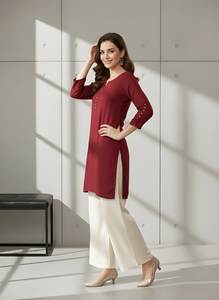 Damen Freizeit-Tunika aus Seide in Weinrot, einfarbig, normale Länge, Rundhals, Dreiviertelärmel, komplett genäht, elegantes Oberteil - Product Image 2