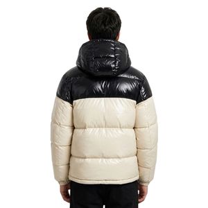 Custom Black Cream Two Tone 100% Polyester <b>Hooded</b> <b>Puffer</b> <b>Jackets</b> Glossy Color Block Style <b>Mens</b> Streetwear <b>Jacket</b> - Product Image 2