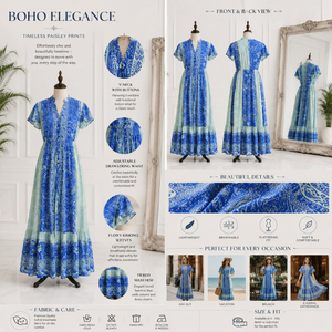 Vestido Maxi de Seda de Alta Calidad, Talla Única, Azul, Estampado Digital Étnico Vintage Paisley, Estilo Ibiza, Bohemio, Cintura Natural - Product Image 4