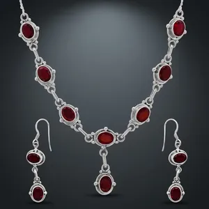 Red Garnet 925 Sterling Silver Necklace <b>Earrings</b> Set Oval Bezel Setting Women's Vintage Party Jewelry Elegant Statement Set Gift - Product Image 4