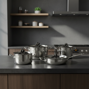 Juego de utensilios de cocina de lujo de 4 piezas de acero inoxidable martillado, olla y sartén premium europeas plateadas, tapas ecológicas tipo calabaza para alimentos - Product Image 2