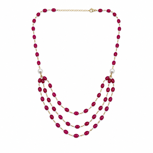 Custom Rhodium Plated <b>Necklace</b> Red <b>Ruby</b> Gemstone Bead Pearl Triple Strand Layered Haar Chain Fine Women Luxury Gift Jewelry - Product Image 3