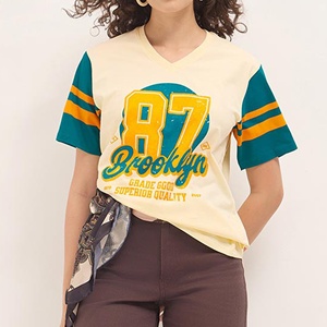 New Arrival Women's V-Neck Contrast Sleeve <b>T</b>-<b>Shirt</b> Loose Fit Casual Short Sleeve Cotton Jersey Spring Summer Diamonds <b>Sequined</b> - Product Image 1