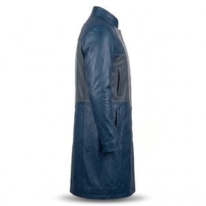 Abrigo Largo de Cuero Genuino para Hombre Estilo Marina Real con Panel Frontal Plateado Personalizado y Cuello Alto - Servicio de Exportación - Product Image 3