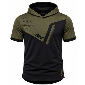 Olive Green Color Men's <b>Hoodie</b> Front Slant Pocket Design Ergonomic Fit Handsome <b>Workout</b> Look Short Sleeve Custom Printing <b>Hoodie</b> - Product Image 1