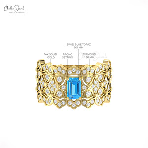 Anillo Art Deco con Topacio Azul Suizo y Diamantes Genuinos de 6x4mm, con Oro Sólido de 14k, Anillo Clásico de Chordia Jewels - Product Image 3