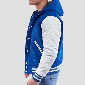 Veste universitaire unisexe en laine rouge avec manches en cuir noir, fermeture éclair sur le devant, patchwork, coupe-vent, style vintage, streetwear urbain - Product Image 3