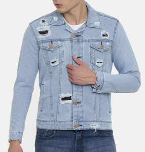 High Street Men's Top Selling Denim Jacket 100% Cotton Washable Fitted Ripped Design Snap Collar Hand <b>Warmer</b> Pockets for Winter - Product Image 1