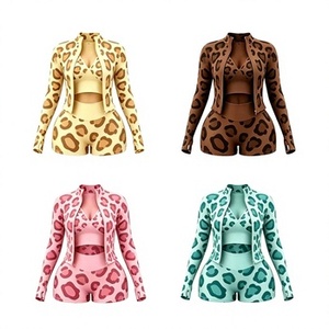Combinaison Courte Femme Personnalisée Imprimé Léopard Manches Longues Zippée Devant Moulante Décontractée Coupe Slim Imprimé Animal - Product Image 3