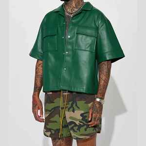 Bulk Order Brand Clothing Green Summer Men Short Sleeve Blank Chest Pockets Boxy <b>Shirt</b> Custom Logo Faux Leather <b>Button</b> up <b>Shirt</b> - Product Image 5