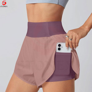 Shorts de course pour femmes, taille mi-haute, poches latérales, tissu à mémoire de forme, séchage rapide, respirant, polyester/coton, tennis, fitness - Product Image 4