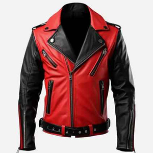 Chaqueta de moto de cuero roja y negra para hombre, cuello vuelto, cierre de cremallera, corte ajustado, estilo invernal, diseño con bloques de color, transpirable en la parte delantera - Product Image 4