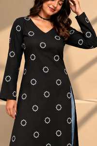 Black Embroidered Dot Print V-Neck Long Sleeve <b>Tunic</b> <b>Dress</b> Loose Fit Midi Length Casual Wear for Women 100% Cotton Woven Fabric - Product Image 4