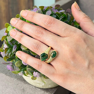 Anillo de Fiesta Tipo Wrap, Chapado en Oro de 18k, con Doble Gema de Cobre Turquesa Verde Mohave Creada en Laboratorio, Abierto por Delante, de Diseño Audaz y Llamativo - Product Image 5